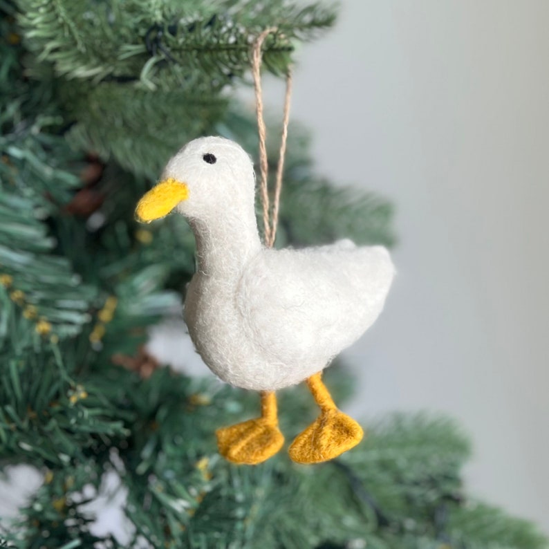 Filz Ente Ornament 13 cm x 5 cm x 12 cm, Nadelfilz Weihnachtsbaum Dekoration, Hängend, 100% Wolle, Hanfschnur
