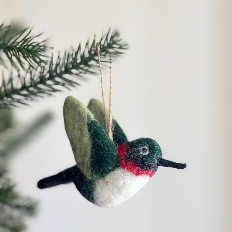 Nadelgefilzter Kolibri Weihnachtsschmuck, Handgefertigt, 100% Wolle, Rot, 11,4 cm