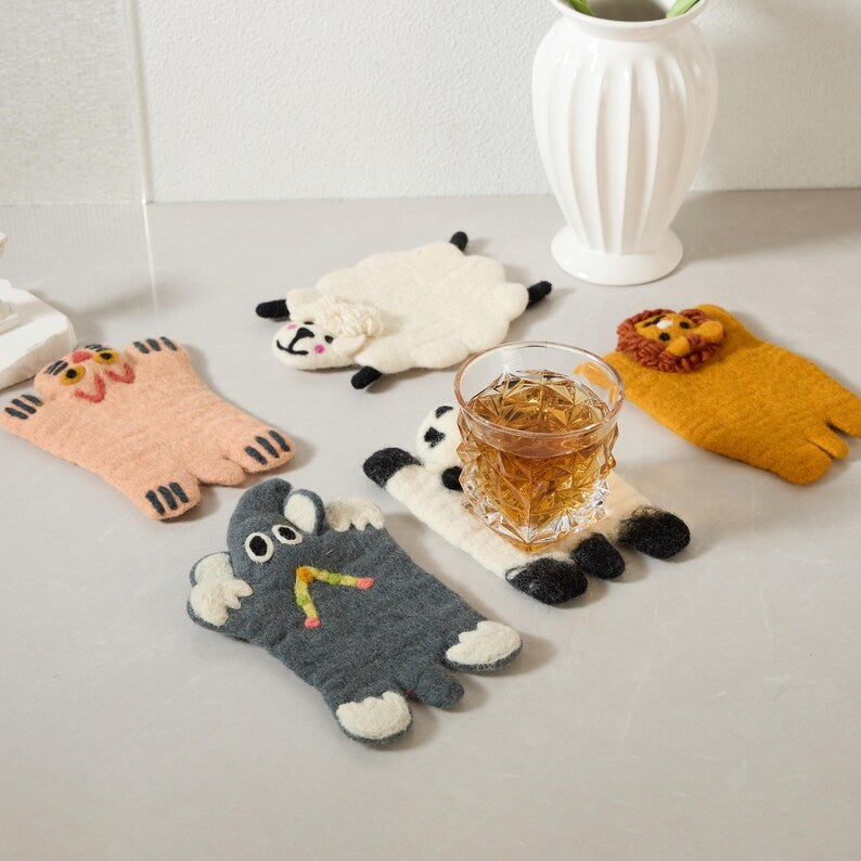 Handmade Wool Felt Animal Coaster Set - Rustic Home Decor, 11-12 cm