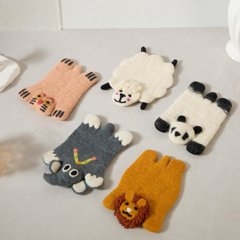 Handmade Wool Felt Animal Coaster Set - Rustic Home Decor, 11-12 cm