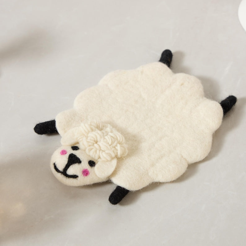 Handmade Wool Felt Animal Coaster Set - Rustic Home Decor, 11-12 cm