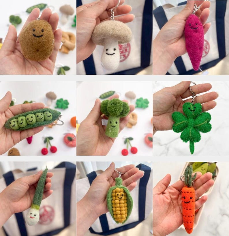 Filz Obst & Gemüse Schlüsselanhänger | Kawaii Essen Taschenanhänger | Handgefertigt aus Wolle