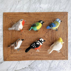 Set Amerikanischer Vögel Filz Weihnachtsschmuck, Specht, Spatz, Kanarienvogel, Rotkehlchen, Blaumeise, 4 Stück, handgefertigt