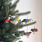 Set Amerikanischer Vögel Filz Weihnachtsschmuck, Specht, Spatz, Kanarienvogel, Rotkehlchen, Blaumeise, 4 Stück, handgefertigt