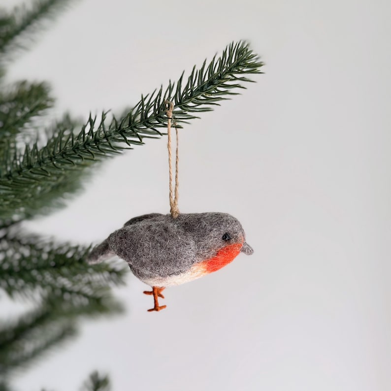 Set Amerikanischer Vögel Filz Weihnachtsschmuck, Specht, Spatz, Kanarienvogel, Rotkehlchen, Blaumeise, 4 Stück, handgefertigt
