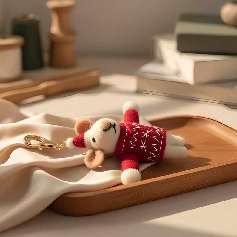 Roter Wollfilz Maus Schlüsselanhänger mit Karabiner