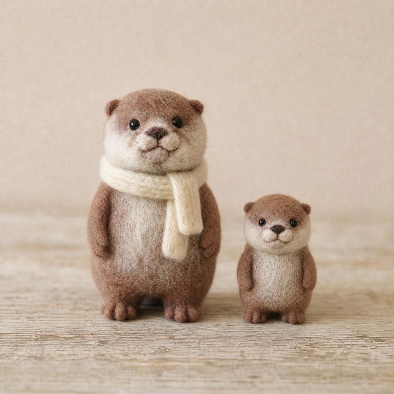 Handgefertigte Otterfigur aus Wollfilz – Tierskulptur in Nadelfilztechnik, Anthrazit und Haferflockenfarben