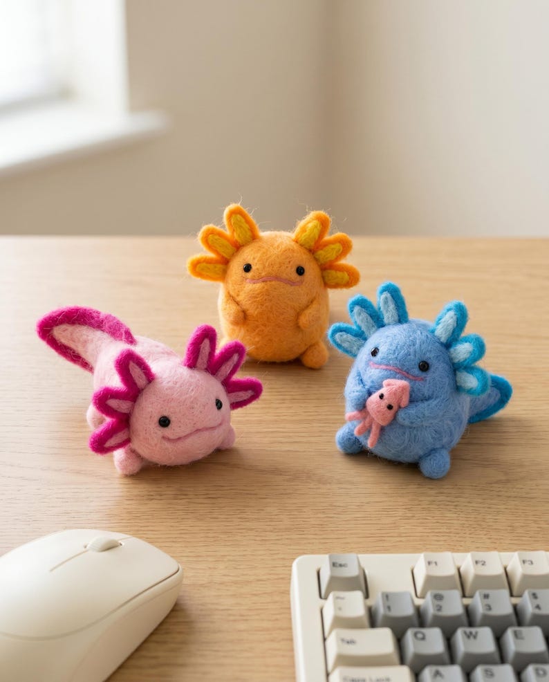 Axolotl Nadelfilz Set 3er-Set Biegbare Pink-Orange-Blau Schreibtisch Dekoration