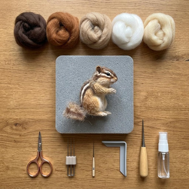 Nadelfilz-Set Streifenhörnchen für Anfänger, Waldtier-Handwerk, Merinowolle, Filznadeln, Schritt-für-Schritt-Anleitung