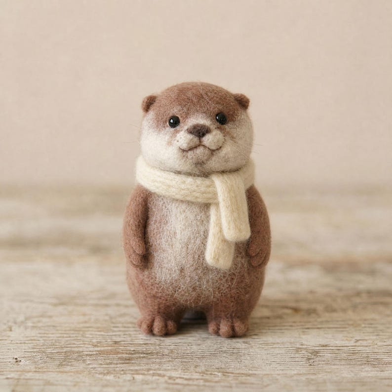 Handgefertigte Otterfigur aus Wollfilz – Tierskulptur in Nadelfilztechnik, Anthrazit und Haferflockenfarben