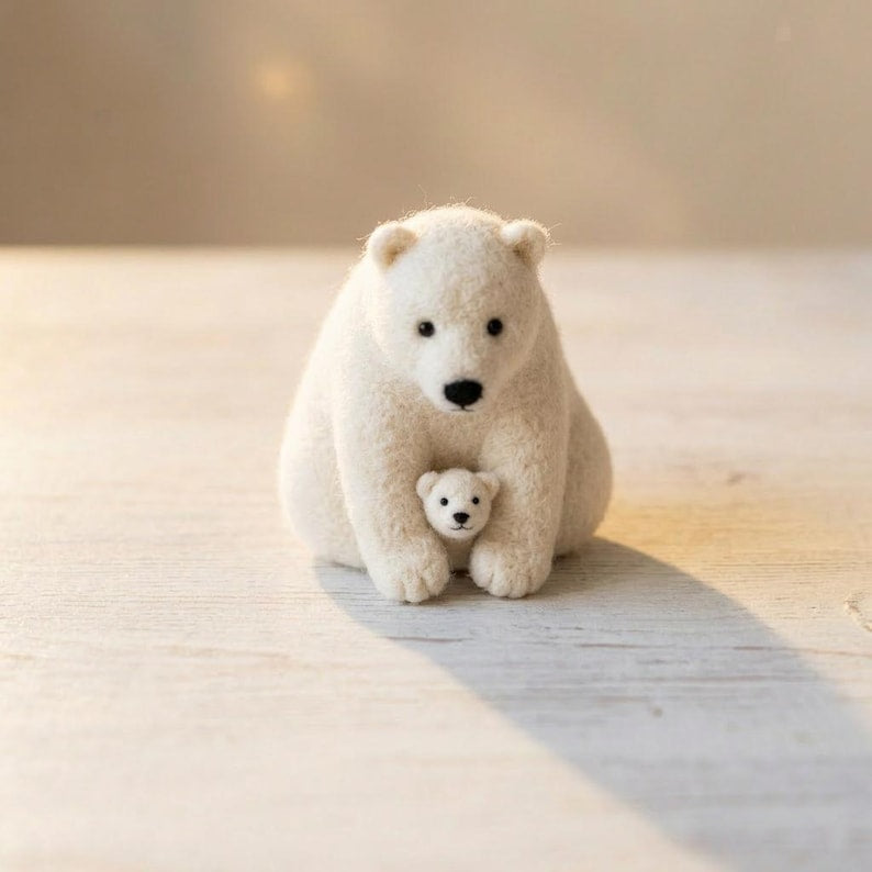 Handgefertiger nadelgefilzter Eisbär und Miniaturpinguin aus 100% Naturwolle