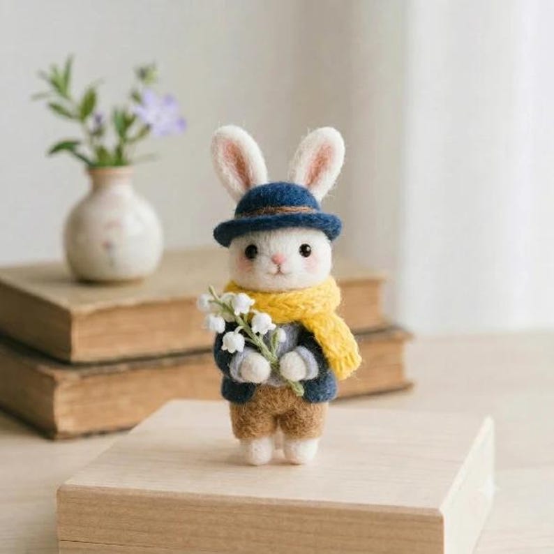 Nadelgefilzte Hase Figur, Waldtier, Maiglöckchen, handgefertigt, 7-10 cm