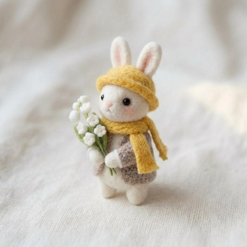 Nadelgefilzte Hase Figur, Waldtier, Maiglöckchen, handgefertigt, 7-10 cm