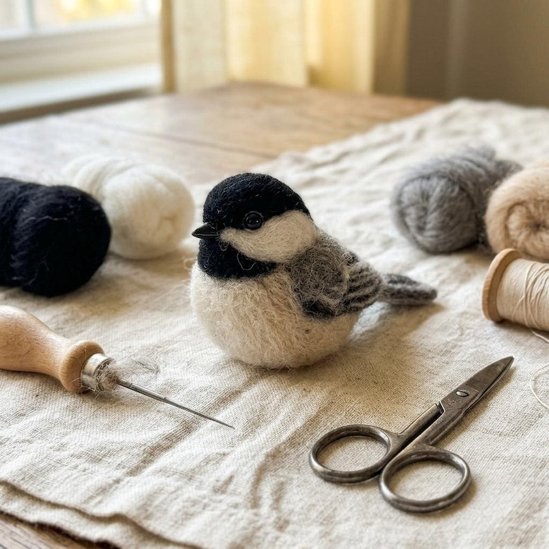 Schwarzkopfmeise Nadelfilz-Set Wolle Tischdekoration Handarbeit