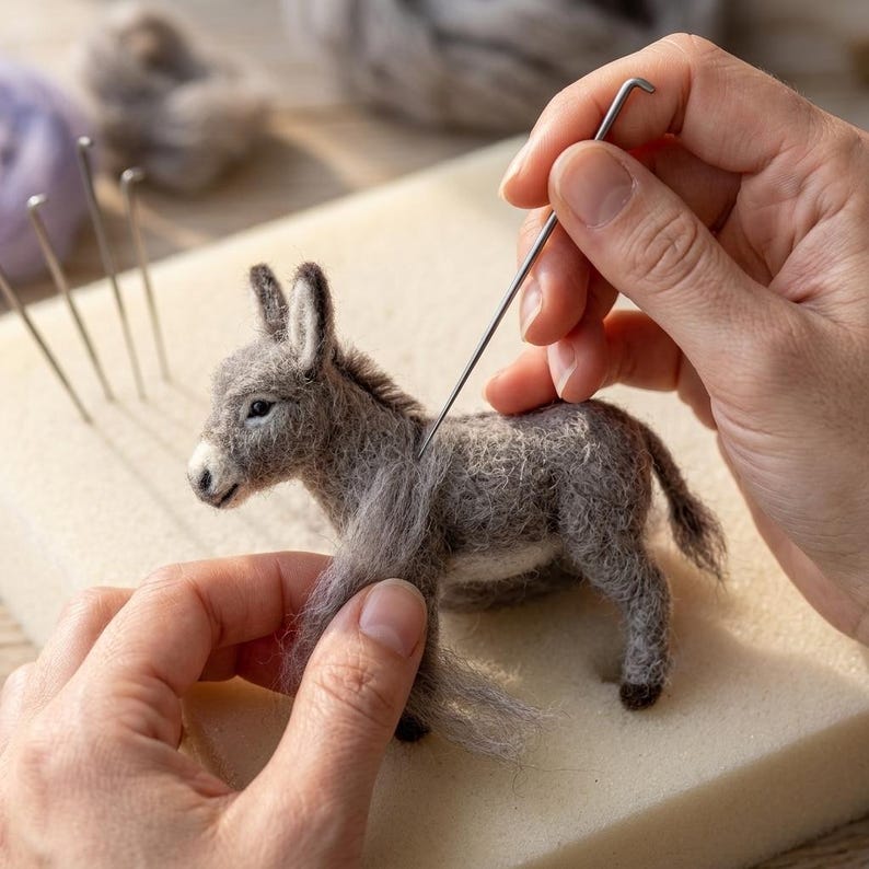 Nadelfilz Bastelset Esel für Anfänger, DIY Handarbeit Set mit Merinowolle, Filznadeln und Anleitung, 6-8 cm Figuren Größe