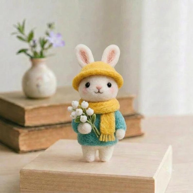 Nadelgefilzte Hase Figur, Waldtier, Maiglöckchen, handgefertigt, 7-10 cm