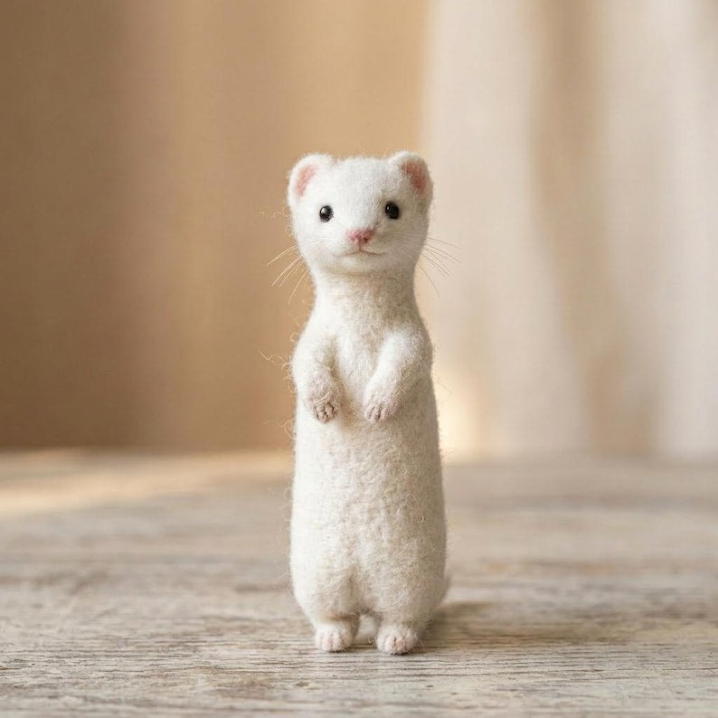 Weißes Hermelin Miniaturfigur aus Wolle, handgefertigt, Nadelfilz, 3,2 Zoll